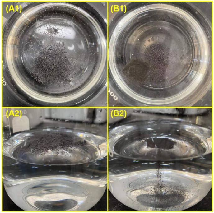 圖 1-3 (A1-2) 原始石墨烯放入水中的照片； (B1-2) 氧等離子處理石墨烯放入水中的照片